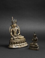 Figure de Bouddha en alliage de cuivre partiellement doré, et, figure de Bouddha en bronze Tibet, probablement XIIIE siècle et Dynastie Qing, XVIIIE siècle | 西藏 或十三世紀 局部鎏金銅合金佛坐像 及 清十八世紀 銅佛坐像 | A copper-alloy figure of Buddha, Tibet, possibly 13th century, and a bronze figure of Buddha, Qing Dynasty, 18th century