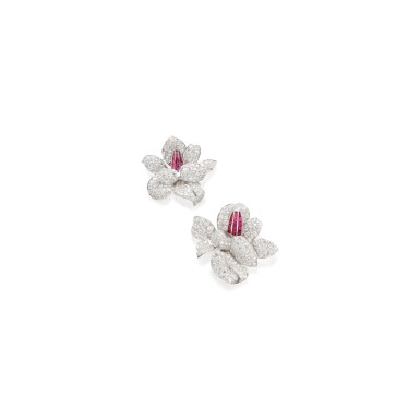 View full screen - View 1 of Lot 86. PAIR OF DIAMOND AND RUBY CLIP-BROOCHES.