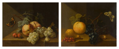 View full screen - View 1 of Lot 160. A pair of still lifes with fruit and butterflies.