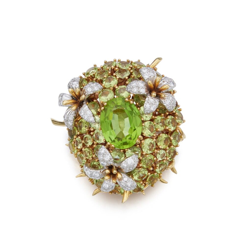 View full screen - View 1 of Lot 470. Peridot and Diamond 'Coussin' Brooch.