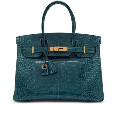 View full screen - View 1 of Lot 103. Bleu Colvert Shiny Porosus Crocodile Birkin 30 Gold Hardware, 2015 .
