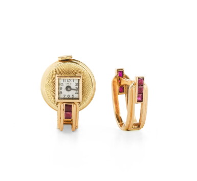 View full screen - View 1 of Lot 62. IWC | PAIRE DE BOUTONS DE MANCHETTE OR ET RUBIS | PAIR OF RUBY AND GOLD CUFFLINKS.