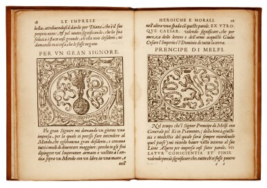 View full screen - View 1 of Lot 284. Simeoni, Le imprese heroiche et morali, Lyon, 1559, modern tan calf.