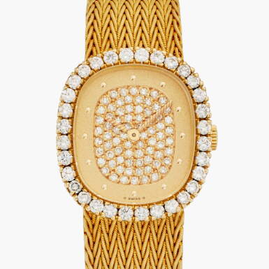 View full screen - View 1 of Lot 383. Reference 4134/910 Ellipse | A yellow gold and diamond-set bracelet watch, Circa 1980.