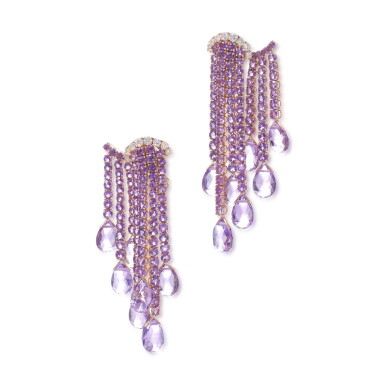 View full screen - View 1 of Lot 1115. Pair of amethyst and diamond pendent earrings.