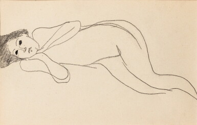 View full screen - View 1 of Lot 248. Femme nue de trois quarts vers la gauche étendue sur un canapé, main au menton (recto); Deux têtes d'homme de face dont un autoportrait présumé de Modigliani (verso).