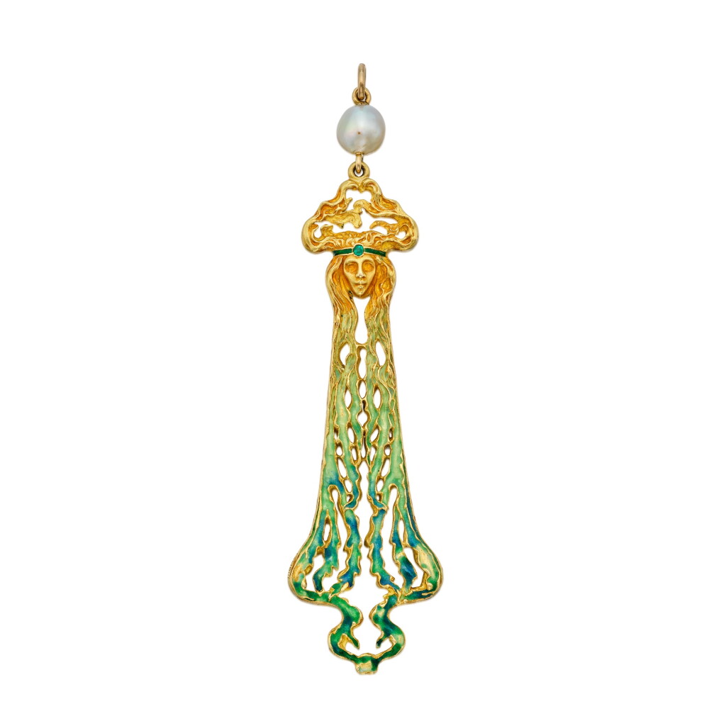 View full screen - View 1 of Lot 59. Gold, Enamel, Emerald and Pearl Pendant.