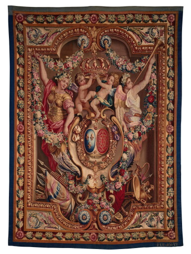 View full screen - View 1 of Lot 15. A Louis XIV Tapestry "Portière des Renommées", Gobelins, workshop of Jean Le Souet, after Charles le Brun, with the Royal coat-of-arms of France and Navarre, circa 1693-1700, workshop of Jean Le Souet | Tapisserie royale "Portière des Renommées", de la manufacture des Gobelins, d'époque Louis XIV, vers 1693-1700, atelier de Jean Le Souet.