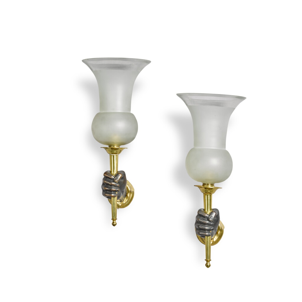 View full screen - View 1 of Lot 211. A pair of Continental gilt and patinated bronze wall lights, 20th century.