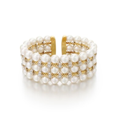 Bracciale in oro bicolore 18k, perle coltivate e diamanti - Asta Bracciale in oro bicolore 18k, perle coltivate e diamanti - Asta