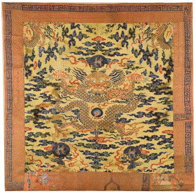 View full screen - View 1 of Lot 28. A KESI SILK 'DRAGON' PANEL, QING DYNASTY, SHUNZHI PERIOD | 清順治 黃地緙絲雲龍戲珠墊面.