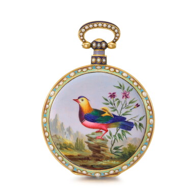View full screen - View 1 of Lot 1316. A very fine and rare gold and enamel centre seconds duplex watch made for the Chinese market, the case polychrome enamel painted with a mandarin duck Circa 1835, no. 807.