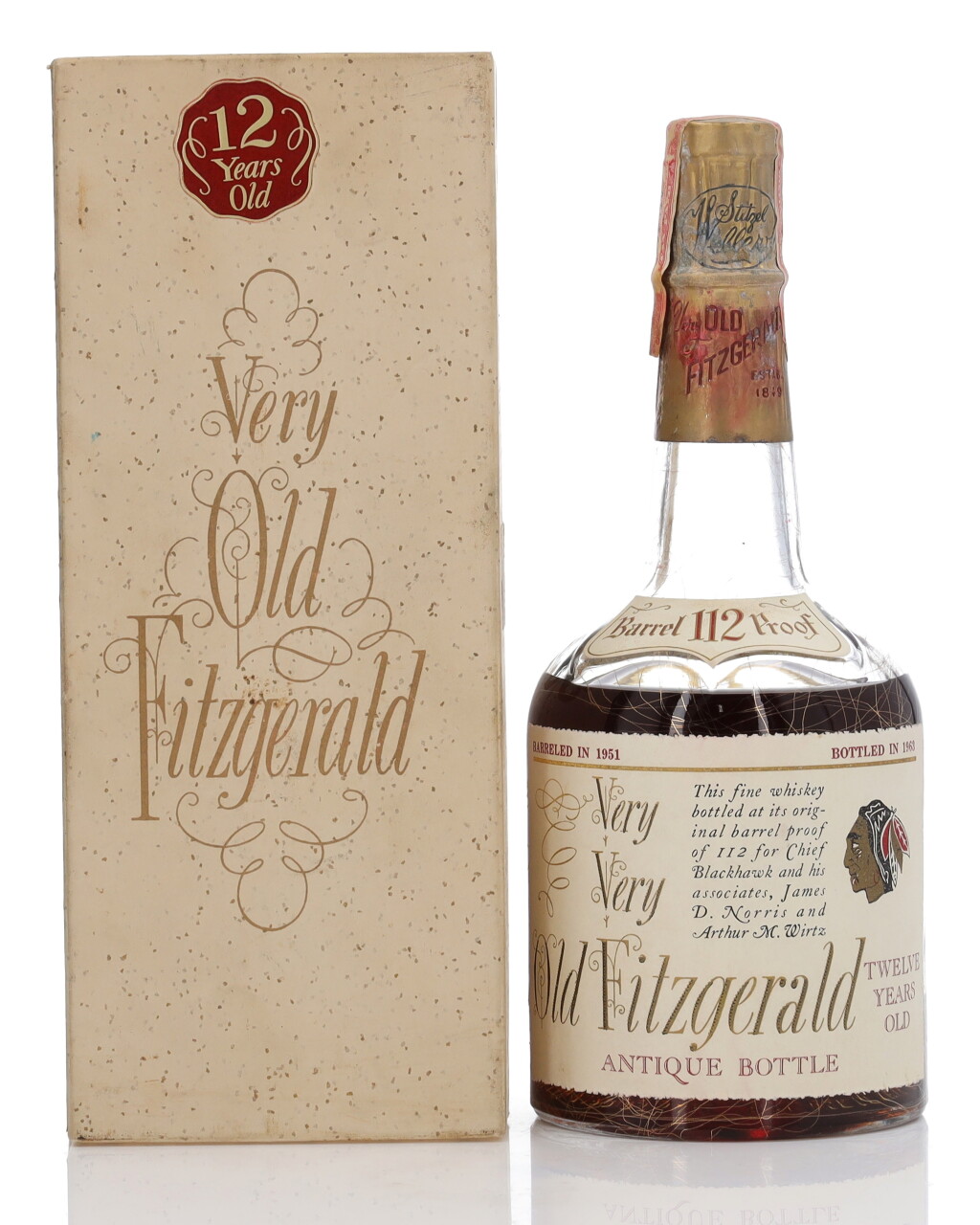 View full screen - View 1 of Lot 1233. Very Very Old Fitzgerald 12 Year Old "Blackhawk" 112.0 Proof 1951 (1 Bottle 4/5 Quart).