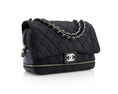 View full screen - View 1 of Lot 86. CHANEL | BLACK QUILTED NYLON AND LEATHER WITH SILVER-TONE METAL CLASSIC SHOULDER BAG.