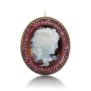 View full screen - View 1 of Lot 137. Ruby and Onyx Cameo Brooch/Pendant .