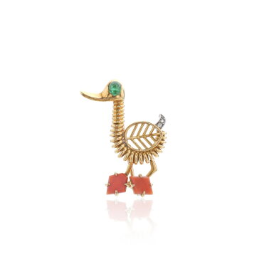 View full screen - View 1 of Lot 776. Gold, emerald, coral and diamond brooch, circa 1960.
