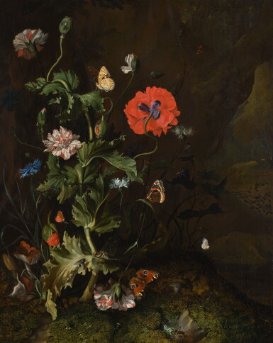View full screen - View 1 of Lot 150. RACHEL RUYSCH | Still life of a thistle between carnations and cornflowers on a mossy forest floor, with butterflies and a cricket.