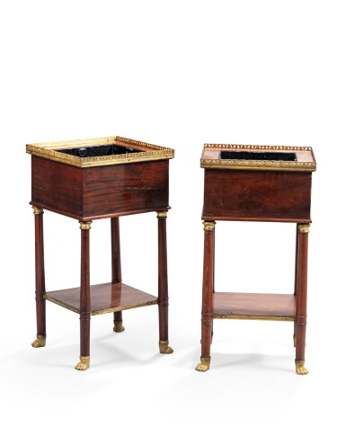 View full screen - View 1 of Lot 161. A pair of gilt-bronze mounted mahogany jardinieres or coolers, French Empire, circa 1810 | Paire de jardinières ou rafraîchissoirs en acajou et bronze doré d'époque Empire, vers 1810.