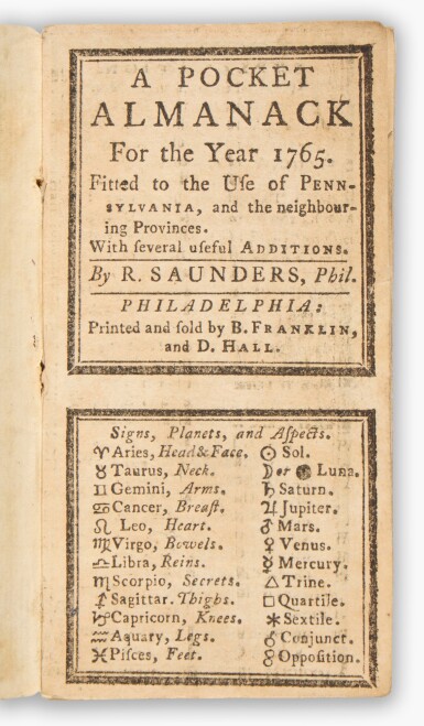 View full screen - View 1 of Lot 97. Benjamin Franklin | A Pocket Almanack for the Year 1765.
