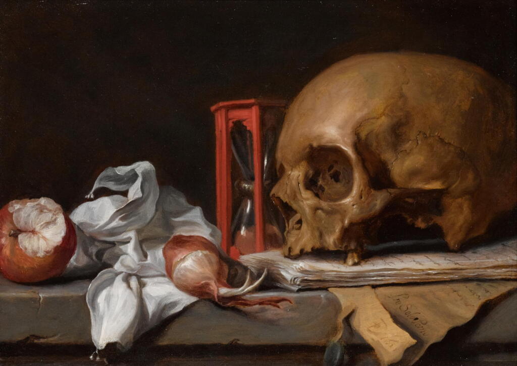 View full screen - View 1 of Lot 44. MONOGRAMMIST F. D. | A vanitas still life with a skull resting on letters, and an hourglass, an onion and an apple on a stone ledge.