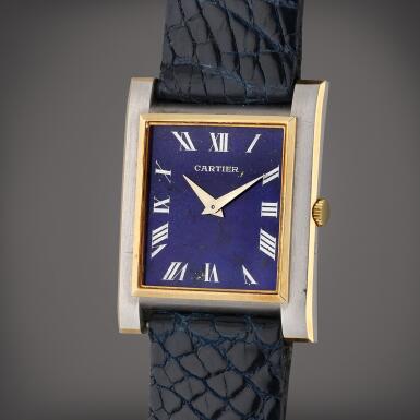 View full screen - View 1 of Lot 418. Reference 9057 | Retailed by Cartier: A white and yellow gold rectangular wristwatch with lapis lazuli dial, Circa 1970.