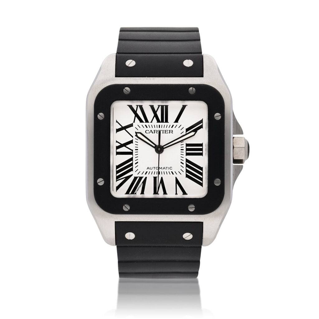 View full screen - View 1 of Lot 50. Reference 2656 Santos 100 | A stainless steel square shaped wristwatch with black rubber bezel, Circa 2015.