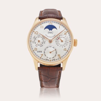 View full screen - View 1 of Lot 222. Reference IW5022-13 Portugieser Perpetual Calendar | A pink gold automatic perpetual calendar wristwatch with moon phases, year and seven day power reserve indication, Circa 2008.