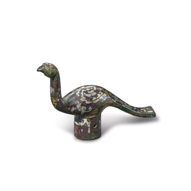 View full screen - View 1 of Lot 743. A gold and silver-inlaid bronze 'bird' staff finial, Western Han dynasty | 西漢 青銅錯金銀鳩首.