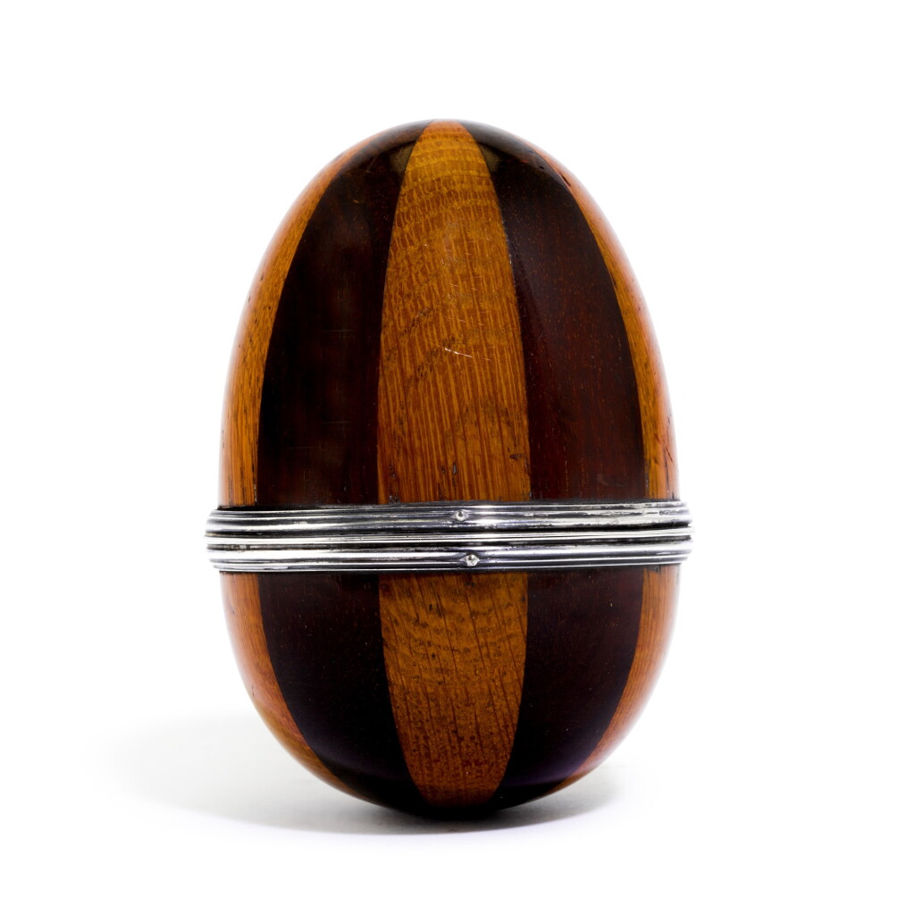 View full screen - View 1 of Lot 6. A large Victorian silver-mounted egg-shaped parquetry box and cover, John Batson & Son, London, 1892.