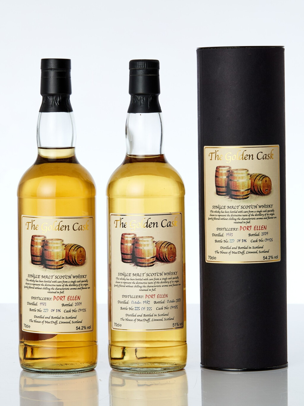 View full screen - View 1 of Lot 7632. Port Ellen Golden Cask #CM 105 51.0 abv 1982 (1 BT70) & Port Ellen Golden Cask #CM 126 54.2 abv 1983 (1 BT70).