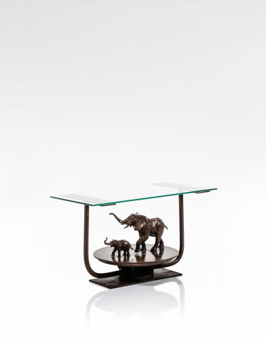 View full screen - View 1 of Lot 114. A patinated bronze and glass coffee table, 20th century.