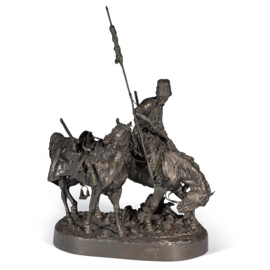 View full screen - View 1 of Lot 290. Zaporozhian Cossack after Battle: A bronze figural group, cast by Chopin, after the model by Evgeny Lansere (1848-1886).