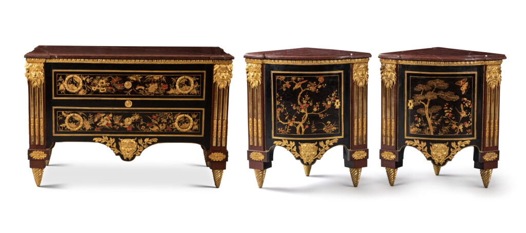 View full screen - View 1 of Lot 67. A Louis XV gilt-bronze and Chinese lacquer commode and a pair of encoignures en suite, circa 1765, attributed to Pierre Garnier.