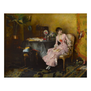 View full screen - View 1 of Lot 455. PASCAL ADOLPHE JEAN DAGNAN-BOUVERET | JEUNE FEMME EN ROSE AVEC SON ENFANT .