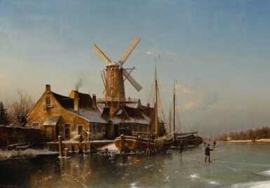 View full screen - View 1 of Lot 140. JOHANNES BERTHOLOMÄUS DUNTZE | A WINTER LANDSCAPE WITH A MILL ON A FROZEN RIVER.
