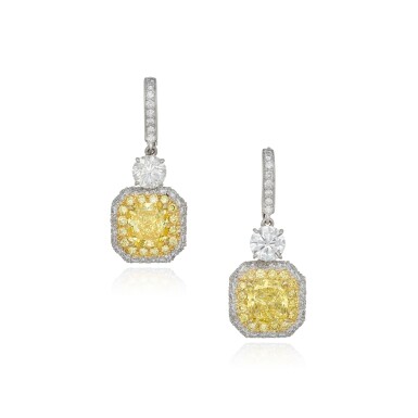 View full screen - View 1 of Lot 3. Pair of Fancy Vivid Yellow, Colored Diamond and Diamond Pendant-Earrings.