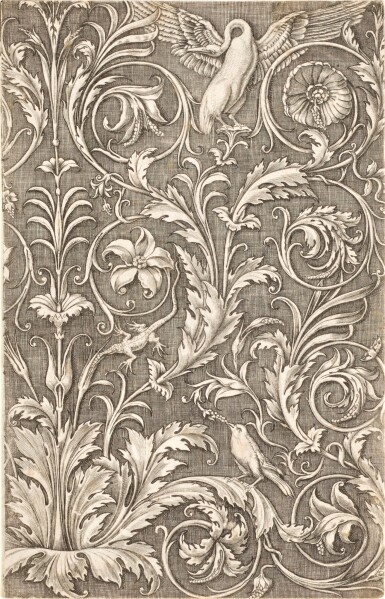 View full screen - View 1 of Lot 124. An Ornamental Panel with a Swan with Outstretched Wings at the Top (Bartsch XV 562, under Marcantonio Raimondi).