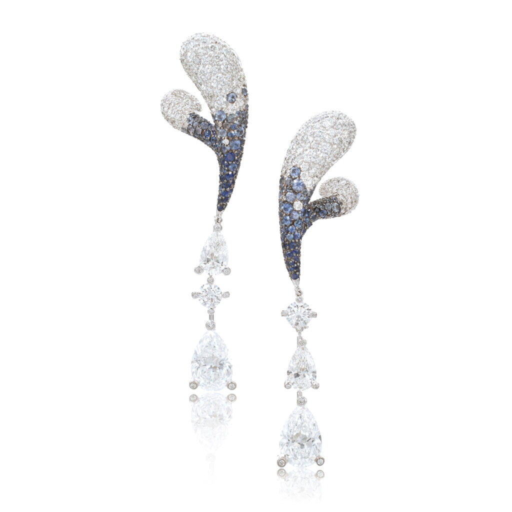 View full screen - View 1 of Lot 576. Pair of Sapphire and Diamond Pendent Earrings.