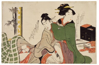 View full screen - View 1 of Lot 34. Attributed to Kitagawa Utamaro (1754-1806) An amorous couple beside folding screen and sewing box, Edo period, late 18th - early 19th century.