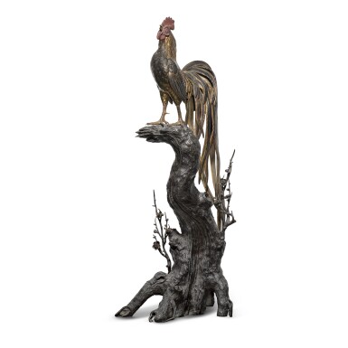 View full screen - View 1 of Lot 122. A bronze model of a cockerel | Signed Seiya chu (cast by Seiya) and to the tree stump Genryusai Seiya zo (made by Genryusai Seiya) | Meiji period, late 19th century.