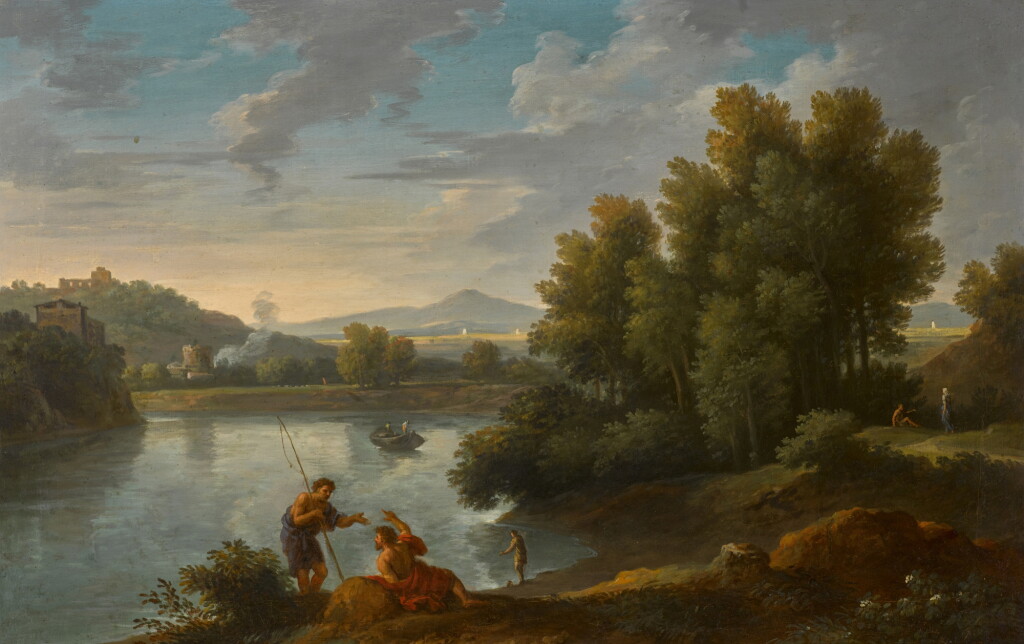 View full screen - View 1 of Lot 459. An Italianate landscape with fishermen by a lake, a fortress in the distance.