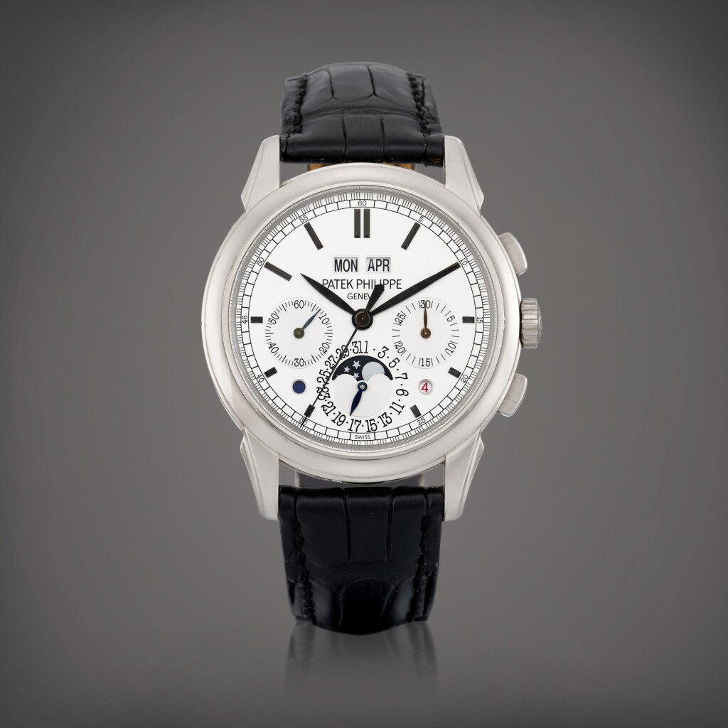 View full screen - View 1 of Lot 2295. Reference 5270 | A white gold perpetual calendar chronograph wristwatch with day, date, moon phases, leap year and day and night indication, Circa 2012 | 百達翡麗 | 型號5270 | 白金萬年曆計時腕錶,備日期、星期、月相、閏年及晝夜顯示,約2012年製.