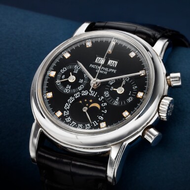 View full screen - View 1 of Lot 41. REFERENCE 3970P A PLATINUM AND DIAMOND-SET PERPETUAL CALENDAR CHRONOGRAPH WRISTWATCH WITH MOON PHASES AND LEAP YEAR INDICATION, MADE IN 1996.