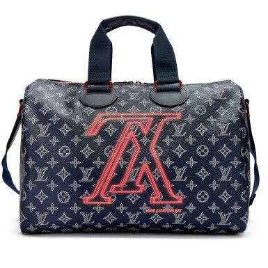 View full screen - View 1 of Lot 6140. Limited Edition Navy Dark Monogram Canvas Upside Down Speedy Bandouliere 40 Pink Hardware, 2018.