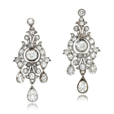 View full screen - View 1 of Lot 92. Pair of diamond earrings, late 19th century.