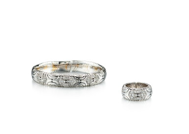 View full screen - View 1 of Lot 9139. GOLD AND DIAMOND CUFF; AND RING, 'ALVEARE', BULGARI | K金 配 鑽石 手鐲; 及 戒指, 'Alveaea', 寶格麗﹙Bulgari ).