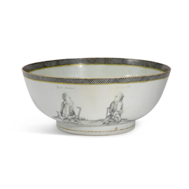 View full screen - View 1 of Lot 224. A Rare Chinese Export Grisaille-Decorated 'Satirical Subject' Punch Bowl, Qing Dynasty, Circa 1785 | 清乾隆 約1785年 墨彩描金西洋人物故事圖大盌.