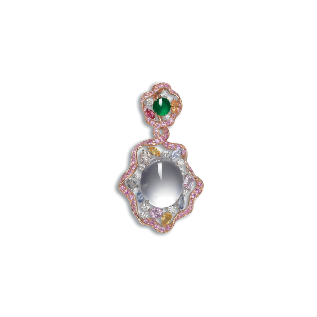View full screen - View 1 of Lot 1633. COLOURLESS JADEITE, JADEITE, GEM SET AND DIAMOND PENDANT 天然冰種翡翠, 天然翡翠 配 寶石 及 鑽石 吊墜.