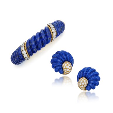 View full screen - View 1 of Lot 1. Lapis Lazuli and Diamond Bangle-Bracelet and Pair of Earclips, France.