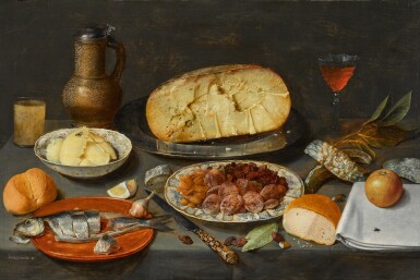View full screen - View 1 of Lot 114. Still life with a herring, cheese, preserved fruits and nuts, bread, butter, and a wineglass and jug, all on a draped table.